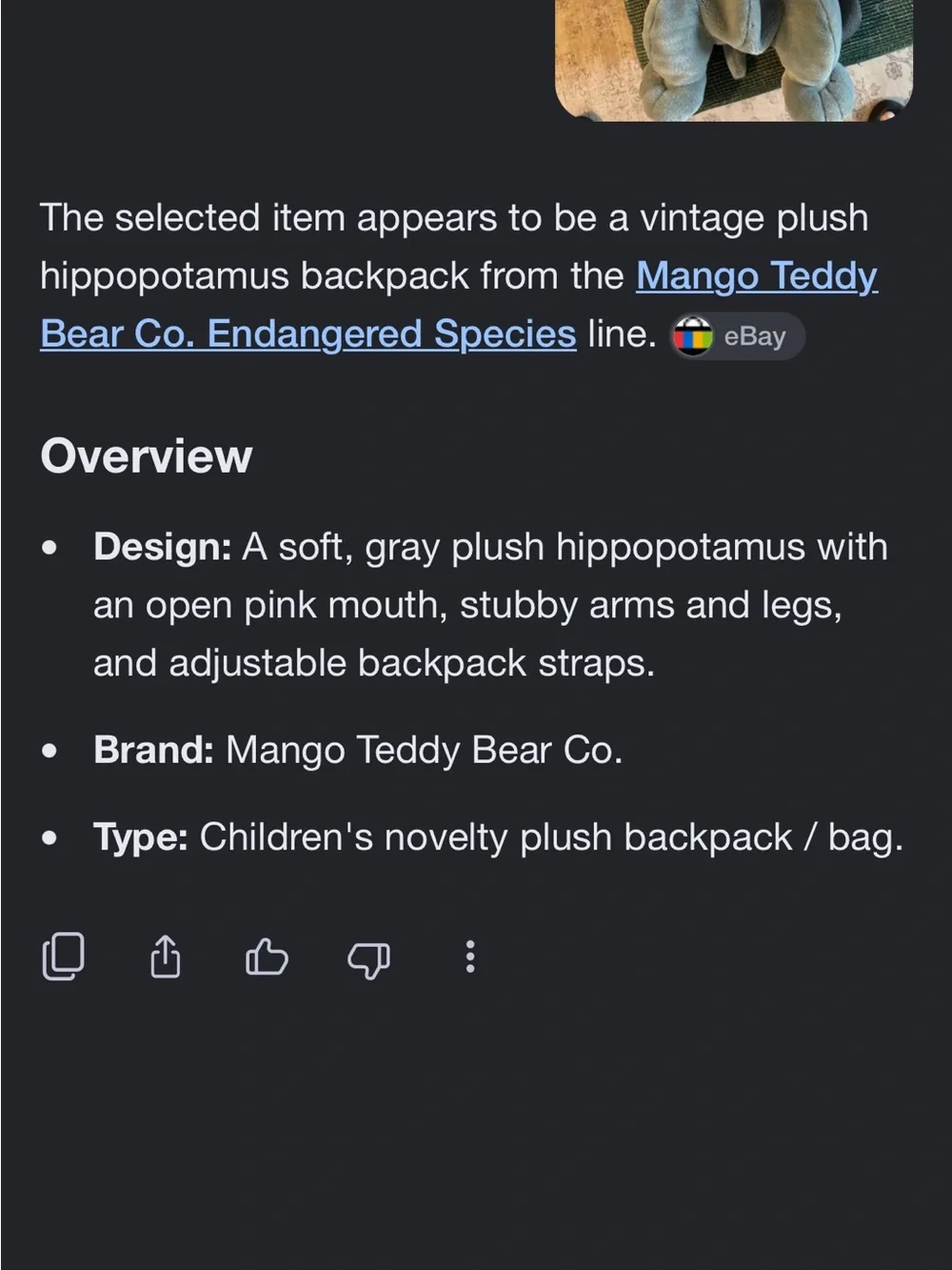 Vintage Mango Teddy Bear Co Plush Hippo Backpack